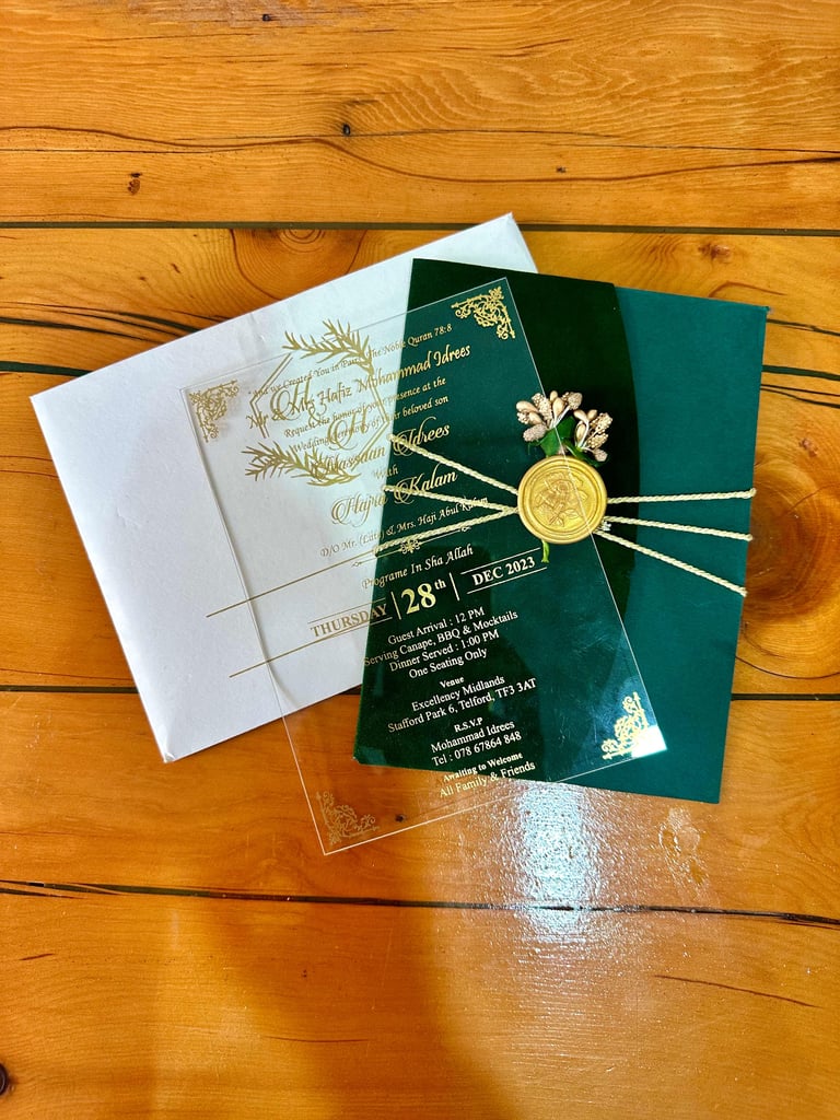 Emerald Green Wedding Invitation Card with Gold Seal – Acrylic Invitations invitation card