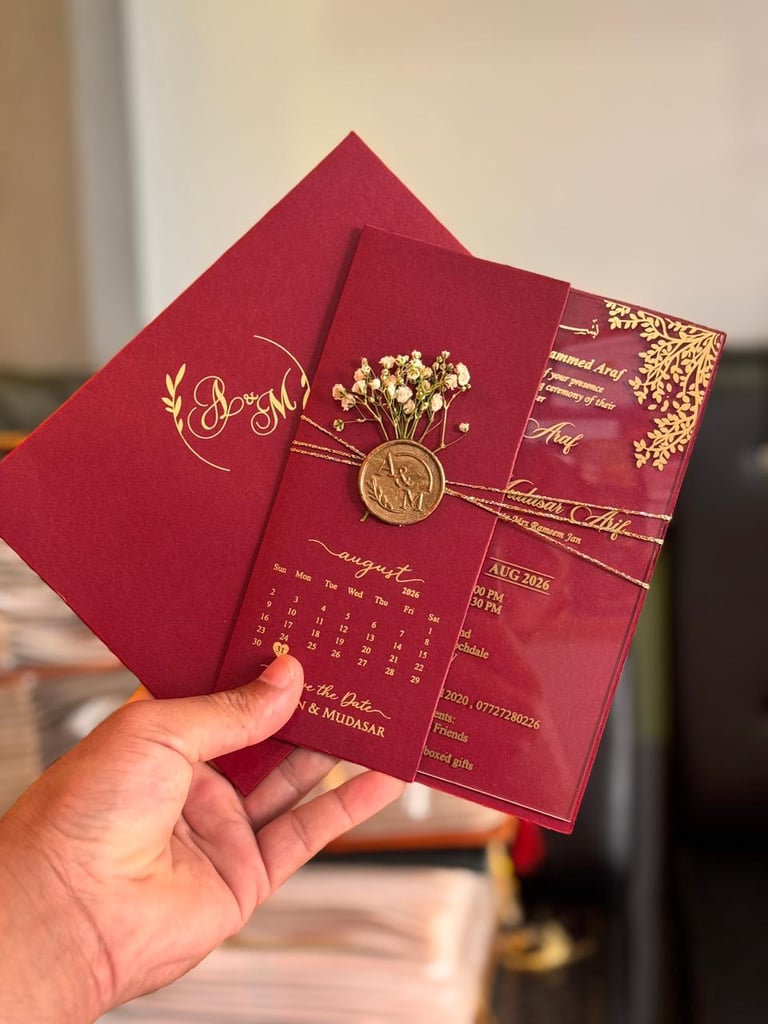 Burgundy Red Wedding Invitation with Calendar & Monogram Seal – Acrylic Invitations invitation card